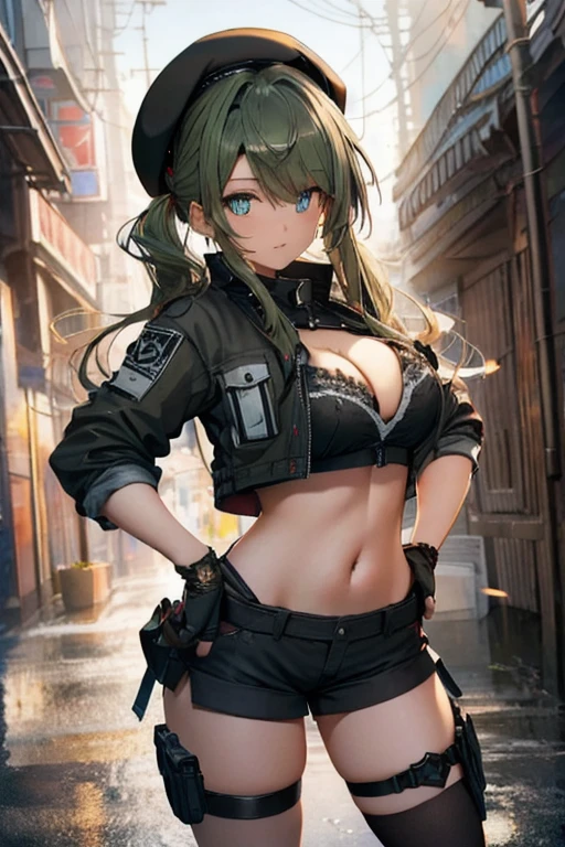 ubel,dark green hair,long hair,side ponytail,hair between eyes,bangs, BREAK (beret, black jacket, open clothes, cleavage, midriff, black shorts, black thighhighs, thigh strap, fingerless gloves, single glove:1.2) BREAK blurry background, BREAK pose, hand on hip, BREAK (masterpiece:1.2), best quality, high resolution, unity 8k wallpaper, (illustration:0.8), (beautiful detailed eyes:1.6), extremely detailed face, perfect lighting, extremely detailed CG, (perfect hands, perfect anatomy),