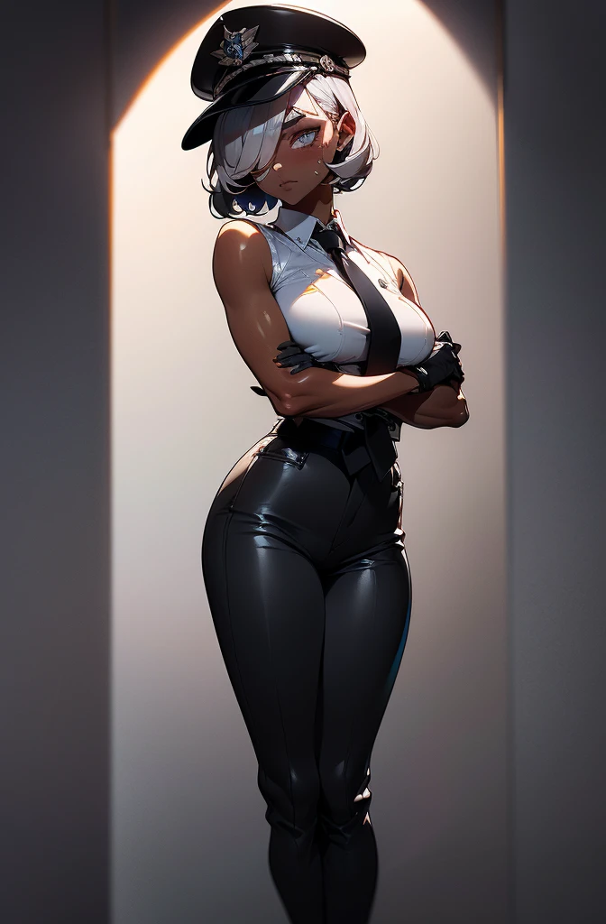 ((black skin)), ((tanned skin)), Full body, (masterpiece), best quality, expressive eyes, perfect face,(masterpiece), best quality, expressive eyes, perfect face, (Masterpiece:1.4),(highly detailed), (high CG:1.4), high quality, ultra detailed, ultra realistic, hyper beautiful and delicate, (1 girl:1.4), (ultra detailed eye:1.4) , (mascular body:1.3), darkness,(illustration:1.4),(overexposure:1.3),(photography:1.3),(macro lens:1.1).,kurenaiz1, ((best quality)), (((clearly drawn face))), (detailed body), ((realistic eye)), (((perfect anatomy))),(detailed eyes),(detailed skin),(shiny_skin),(shiny_hair), (octane rendering), ((16k)), ((ultra high res)) , ultra realistic ,(serious eyes), (((aloof expression))), perfect face, ((mysterious)), ((atractive)), (36 years old). ((((tanned skin)))). (((short yet stylish silver hair)), (thick silver hair), (sharp facial features), ((soft silver eyes)). wearing a (((black tuxedo))), ((a white under-shirt underneath)), ((( black drivers cap))), ((black neck tie))., ((black trousers)), ((black gloves)), ((wearing sunglasses)), ((arms crossed)), standing, ((waiting patiently)). {((Detailed eyes))}, eyes squinted, (in deep thought).,((hair over one eye)), tan, dark skin, nyantcha style