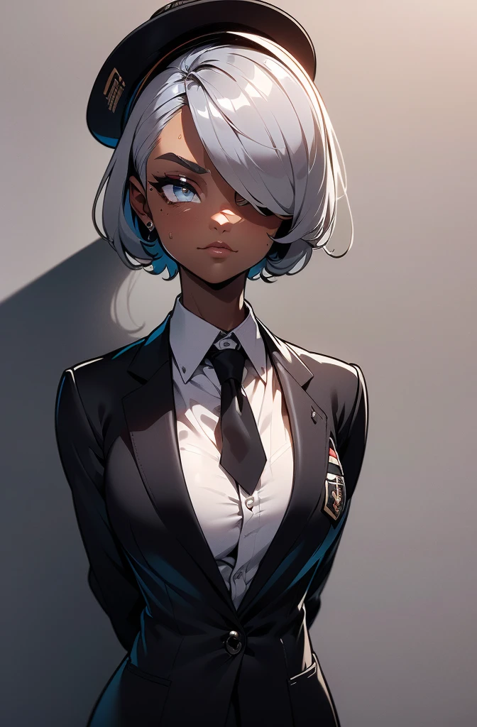 ((black skin)), ((tanned skin)), Full body, (masterpiece), best quality, expressive eyes, perfect face,(masterpiece), best quality, expressive eyes, perfect face, (Masterpiece:1.4),(highly detailed), (high CG:1.4), high quality, ultra detailed, ultra realistic, hyper beautiful and delicate, (1 girl:1.4), (ultra detailed eye:1.4) , (mascular body:1.3), darkness,(illustration:1.4),(overexposure:1.3),(photography:1.3),(macro lens:1.1).,kurenaiz1, ((best quality)), (((clearly drawn face))), (detailed body), ((realistic eye)), (((perfect anatomy))),(detailed eyes),(detailed skin),(shiny_skin),(shiny_hair), (octane rendering), ((16k)), ((ultra high res)) , ultra realistic ,(serious eyes), (((aloof expression))), perfect face, ((mysterious)), ((atractive)), (36 years old). ((((tanned skin)))). (((short yet stylish silver hair)), (thick silver hair), (sharp facial features), ((soft silver eyes)). ((Tuxedo)), Black tuxedo, (((wearing a black tuxedo with a white under-shirt underneath))), ((tuxedo with long sleeves)), (((she has a black drivers cap))), ((black neck tie))., ((black trousers)), ((black gloves)), ((wearing sunglasses)), ((arms crossed)), standing, ((waiting patiently)). {((Detailed eyes))}, eyes squinted, (in deep thought).,((hair over one eye)), tan, dark skin, nyantcha style