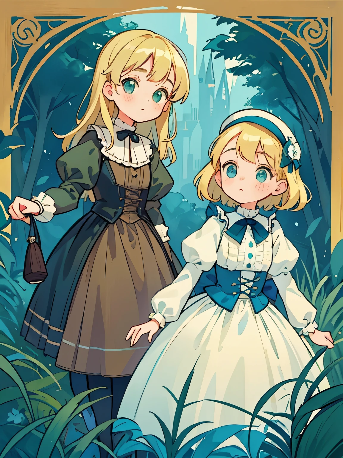 two girls, (Virginia Otis, 15 years old (blond hair, blue eyes)) pose with (16 years old Georgie Gerald (blond hair, green eyes)). Victorian style. thin, cute face, walks at night in Canterville Castle (inspired by the novel The Canterville Ghost). aged 1887, Victorian fantasy