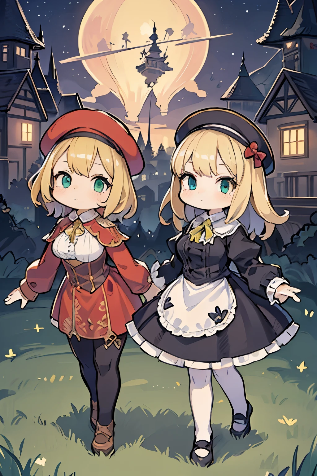 two girls, (Virginia Otis, 15 years old (blond hair, blue eyes)) pose with (16 years old Georgie Gerald (blond hair, green eyes)). Victorian style. thin, cute face, walks at night in Canterville Castle (inspired by the novel The Canterville Ghost). aged 1887, Victorian fantasy