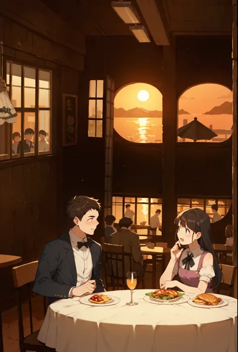 score_9, score_8_up, score_7_up, score_6_up, (score_anime),(sunset at the restaurant),guy and girl ,