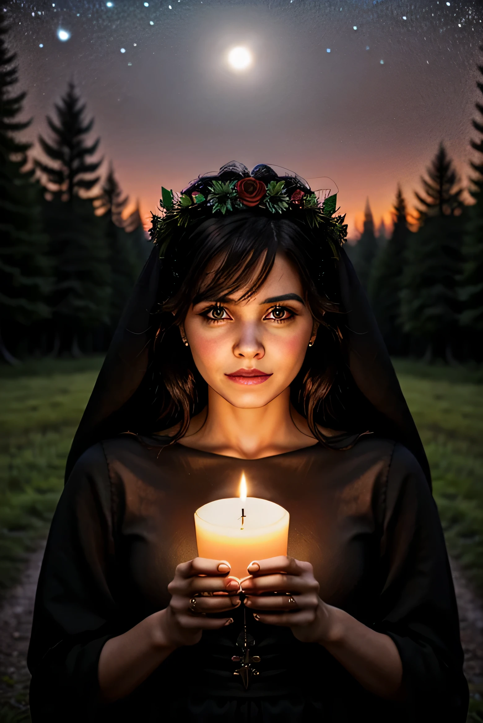 bruja femenina bonita con cabello negro, sonriendo, travieso, largo vestido colonial oscuro con capa, corona de flores, lluvia, iluminación oscura, Noche, noche estrellada, bosque, luz de las velas, sosteniendo una vela, escalofriante, obsesionante, ominoso, alta calidad, 4k, impresionante, pintoresco, obsesionante, iluminación baja