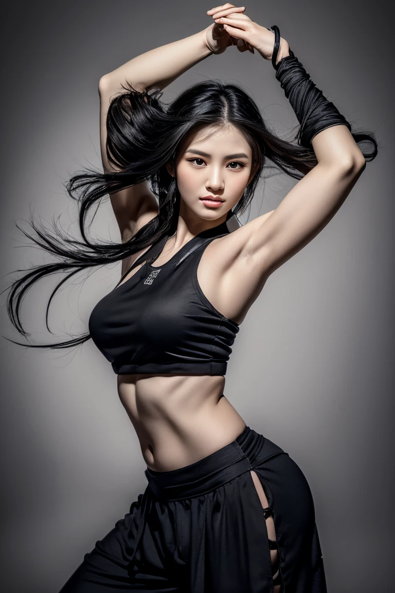 (best quality,highres,masterpiece:1.2),ultra-detailed,full body shot,beautiful detailed eyes,beautiful detailed lips,extremely detailed eyes and face,((Realistic proportions, Good anatomy.)),longeyelashes,sexy woman practicing Kung Fu,artwork made with traditional Chinese ink painting,graceful movements,flowing black hair,energetic and fierce expression,fit and muscular body,flexible martial arts poses,dynamic dark lighting,blending of traditional and modern elements,subtle color palette,ink wash painting style,brush strokes depicting power and elegance.
