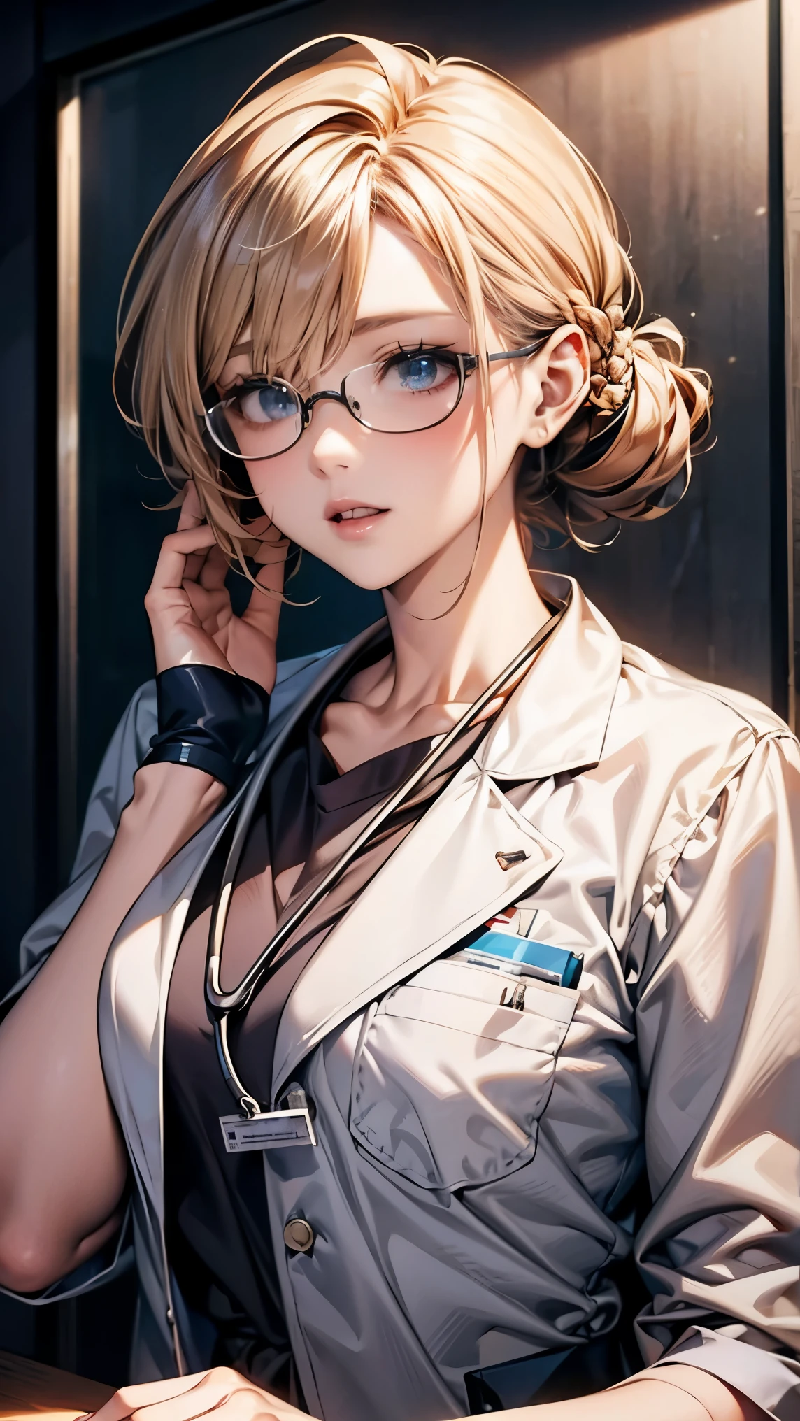 highest quality, masterpiece, 8K, photorealist,  ultra high resolution, very delicate and beautiful, HDR, cinematic lighting, medium shot, portrait, perfect female body, Beautiful woman, mature woman, contrasting, put your hand on your head, looking at the viewer, (female doctor:1.6、white clothes、Stethoscope、Glasses、A clean, tied-up hairstyle)、Medical Gloves、name tag、Scrub Suits、Examination room、medical equipment、