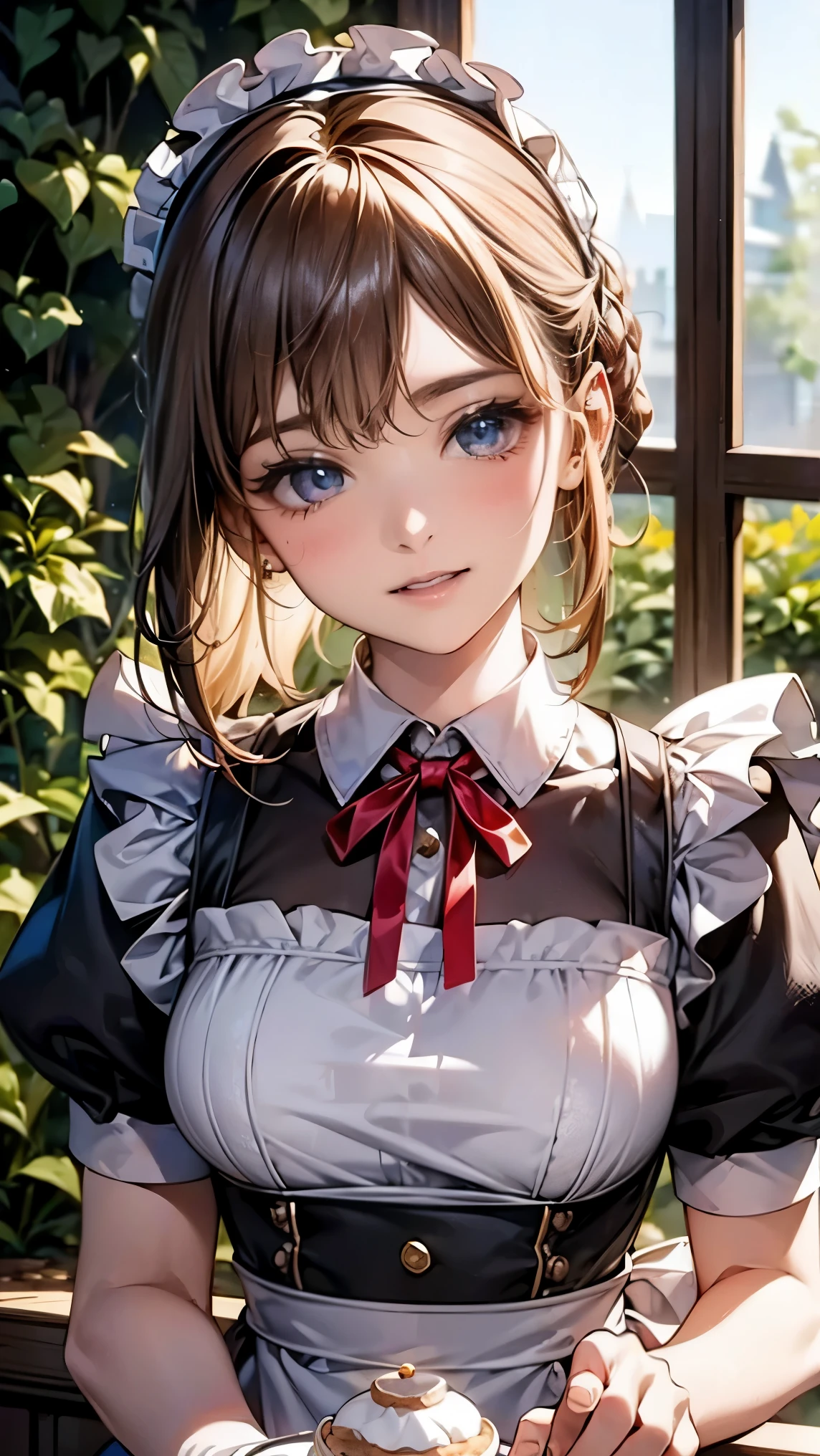 highest quality, masterpiece, 8K, photorealist,  ultra high resolution, very delicate and beautiful, HDR, cinematic lighting, medium shot, portrait, perfect female body, Beautiful woman, mature woman, contrasting, put your hand on your head, looking at the viewer,((garden)),  (maid:1.6、ruffled apron、ribbon、headdress、high heels、one piece dress、white stockings)、(Clean and neat hairstyle, Glamour)、cute smile、cleaning、tidying up、cooking、Setting the table、Afternoon tea、