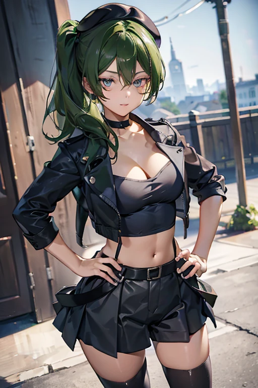 ubel,dark green hair,long hair,side ponytail,hair between eyes,bangs, BREAK (beret, black jacket, open clothes, cleavage, midriff, black shorts, black thighhighs, thigh strap, fingerless gloves, single glove:1.2) BREAK blurry background, BREAK pose, hand on hip, BREAK (masterpiece:1.2), best quality, high resolution, unity 8k wallpaper, (illustration:0.8), (beautiful detailed eyes:1.6), extremely detailed face, perfect lighting, extremely detailed CG, (perfect hands, perfect anatomy),

