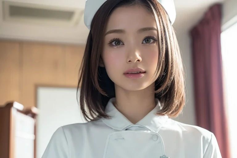 1 girl,(Wearing white nurse clothes:1.2),(Raw photo, highest quality), (realistic, photo-realistic:1.4), masterpiece, very delicate and beautiful, very detailed, 2k wallpaper, wonderful, finely, very detailed CG unity 8k wallpaper, Super detailed, High resolution, soft light, beautiful detailed girl, very detailed eyes and face, beautifully detailed nose, finely beautiful eyes, nurse, perfect anatomy, black hair, up style, nurse uniform, ((nurse cap)), long skirt, nurse, white costume, thin, hospital, clear, white uniform, hospital room, Neck auscultation,close your face,