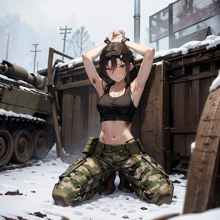 A group of  female soldiers, (in snow storm), various hair styles, tank top, harem, beautiful leg, midriff, camouflage military trousers, showings off armpits, seducing, bdsm, dirty
