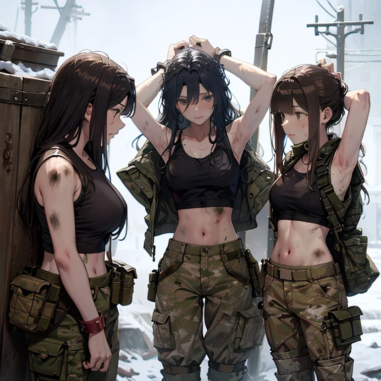 A group of  female soldiers, (in snow storm), various hair styles, tank top, harem, beautiful leg, midriff, camouflage military trousers, showings off armpits, seducing, bdsm, dirty