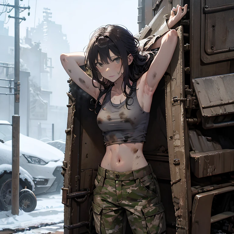 A group of  female soldiers, (in snow storm), various hair styles, tank top, harem, beautiful leg, midriff, camouflage military trousers, showings off armpits, seducing, bdsm, dirty