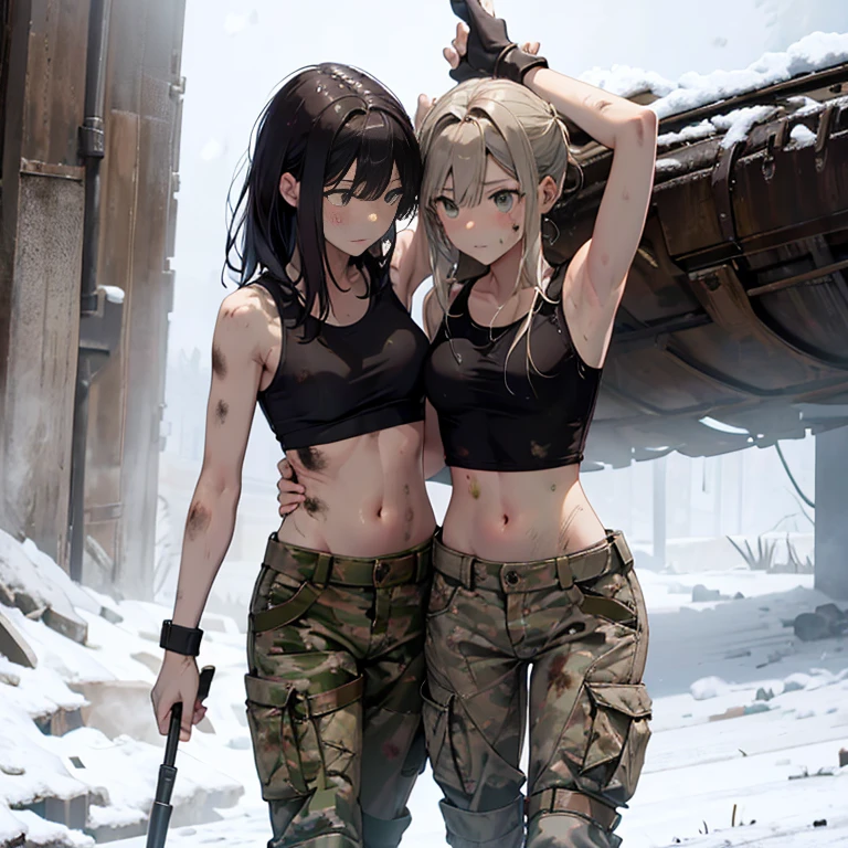 A group of  female soldiers, (in snow storm), various hair styles, tank top, harem, beautiful leg, midriff, camouflage military trousers, showings off armpits, seducing, bdsm, dirty