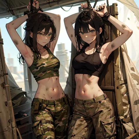 A group of  female soldiers, (in tent), various hair styles, tank top, harem, beautiful leg, midriff, camouflage military trouse...