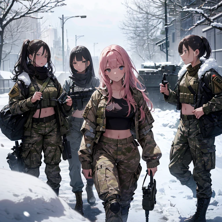 A group of  female soldiers, (in snow storm), various hair styles, tank top, harem, beautiful leg, midriff, camouflage military trousers, showings off armpits, seducing, bdsm, dirty