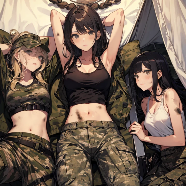 A group of  female soldiers, (in tent), various hair styles, tank top, harem, beautiful leg, midriff, camouflage military trousers, showings off armpits, seducing, bdsm, dirty