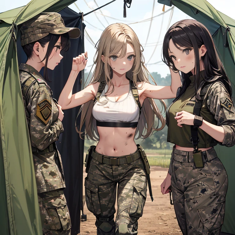 A group of  female soldiers, (in tent), various hair styles, tank top, harem, beautiful leg, midriff, camouflage military trousers, showings off armpits, seducing, bdsm, dirty