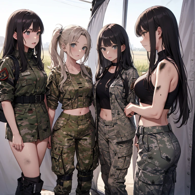 A group of  female soldiers, (in tent), various hair styles, tank top, harem, beautiful leg, midriff, camouflage military trousers, showings off armpits, seducing, bdsm, dirty