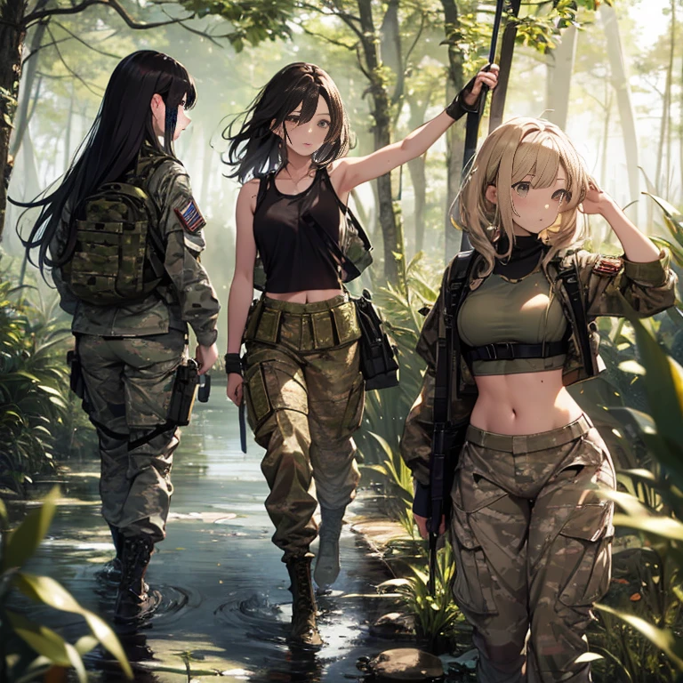 A group of  female soldiers, (in swamp), various hair styles, tank top, harem, beautiful leg, midriff, camouflage military trousers, showings off armpits, seducing, bdsm, dirty