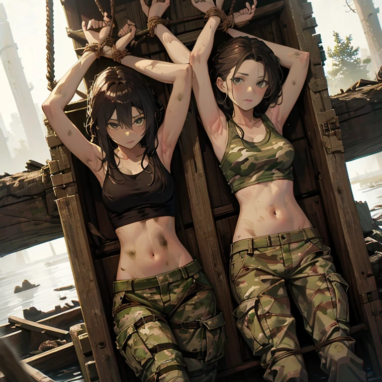 A group of  female soldiers, (in swamp), various hair styles, tank top, harem, beautiful leg, midriff, camouflage military trousers, showings off armpits, seducing, dirty, tied wrist with rope 