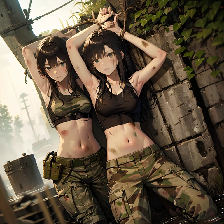 A group of  female soldiers, (in swamp), various hair styles, tank top, harem, beautiful leg, midriff, camouflage military trousers, showings off armpits, seducing, dirty, tied wrist with rope 