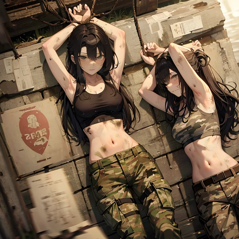 A group of  female soldiers, (in swamp), various hair styles, tank top, harem, beautiful leg, midriff, camouflage military trousers, showings off armpits, seducing, dirty, tied wrist with rope 