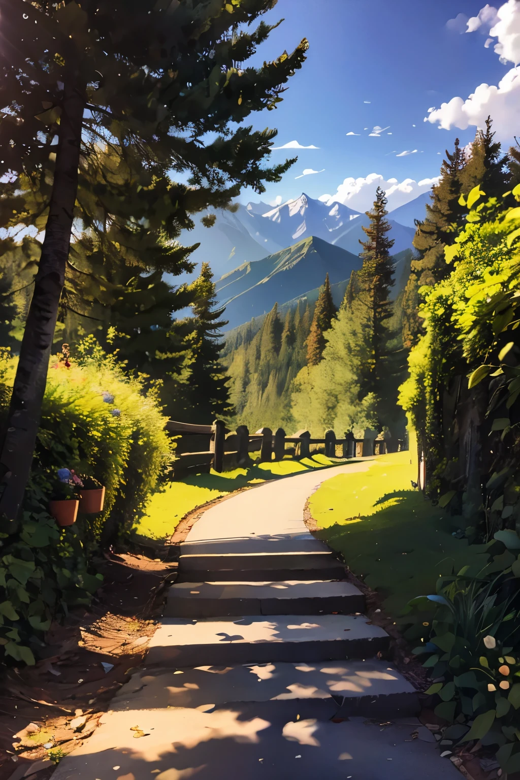 Mountain path, fir trees, birch trees, children playing, flowers, butterflies, flying birds, landscape, birds chirping, sunlight filtering through the trees, soft breeze, lush green foliage, sparkling water reflections, vibrant wildflowers, joyful laughter, carefree children's expressions, dynamic brushstrokes, mountain, harmonious composition.