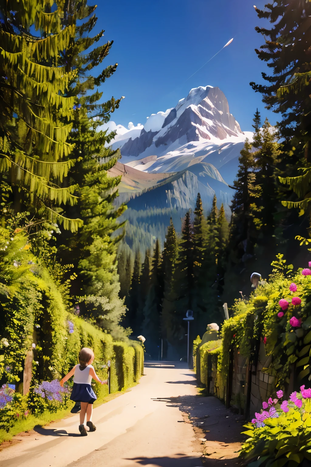 Mountain path, fir trees, birch trees, children playing, flowers, butterflies, flying birds, landscape, birds chirping, sunlight filtering through the trees, soft breeze, lush green foliage, sparkling water reflections, vibrant wildflowers, joyful laughter, carefree children's expressions, dynamic brushstrokes, mountain, harmonious composition.