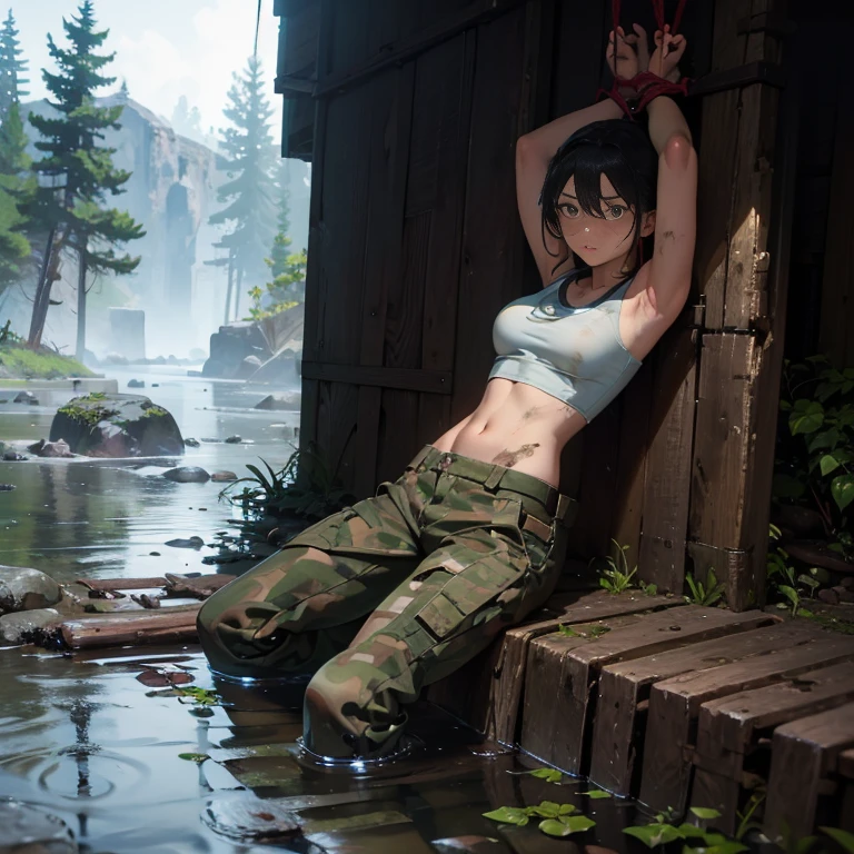 A group of  female soldiers, (in swamp), various hair styles, tank top, harem, beautiful leg, midriff, camouflage military trousers, showings off armpits, seducing, dirty, tied wrist with rope 