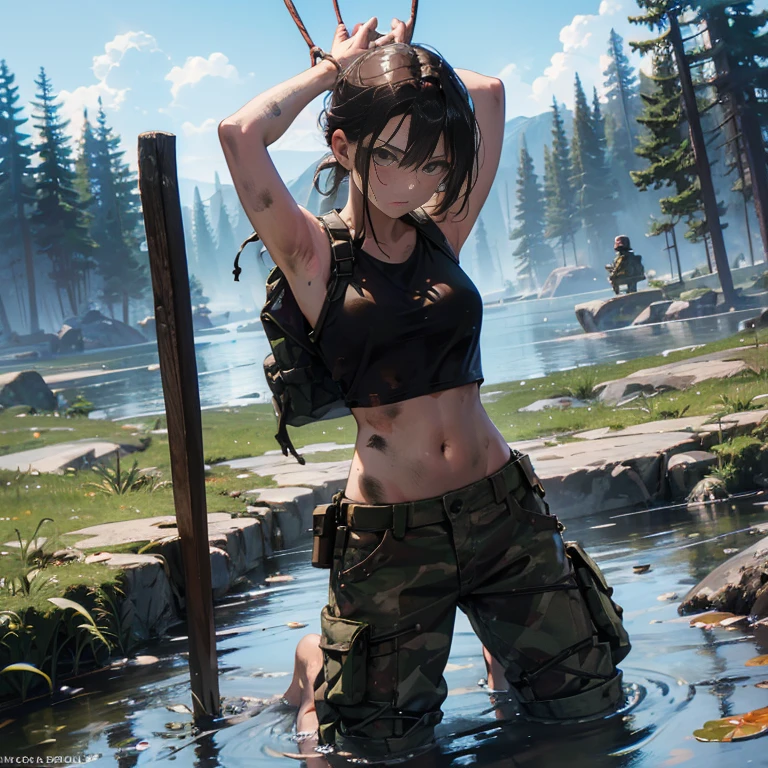 A group of  female soldiers, (in swamp), various hair styles, tank top, harem, beautiful leg, midriff, camouflage military trousers, showings off armpits, seducing, dirty, tied wrist with rope 