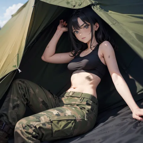 A group of  female soldiers, (in tent), various hair styles, tank top, harem, beautiful leg, midriff, camouflage military trouse...