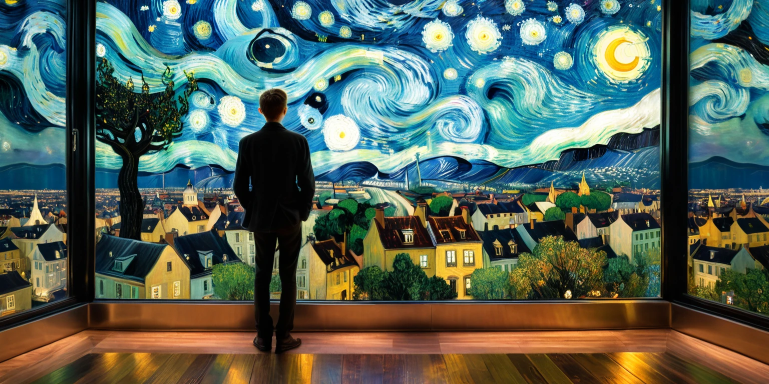 望着窗外的星夜，仿佛是在寻找那个属于自己的梦境，而这幅巨大的夜景画作无疑是最吸引人的一个目标