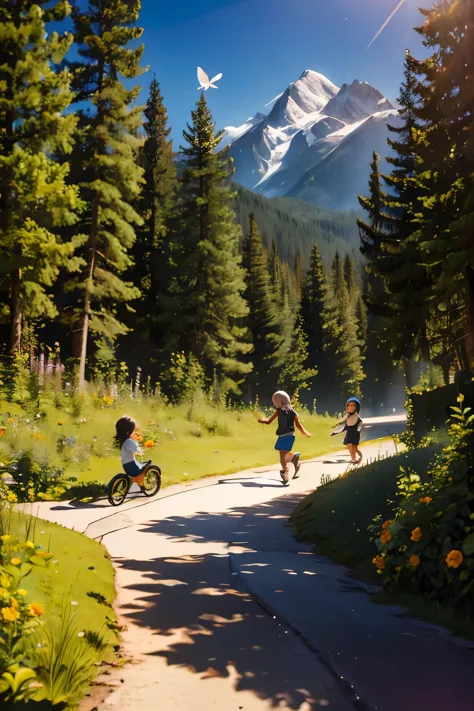 Mountain path, fir trees, birch trees, children playing, flowers, butterflies, flying birds, landscape, birds chirping, sunlight...