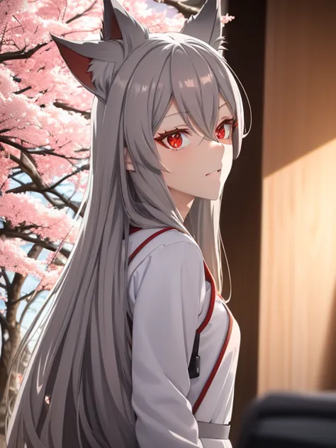 (red eyes,details:1.5),(best quality,4k,8k,highres,masterpiece:1.2),ultra-detailed, grey and silver hair,redwoodenshoes,girl´s g...