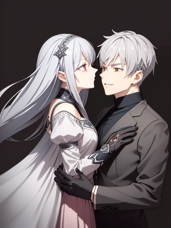 A boy fox with grey hair and red eyes, with extremely detailed facial features and an evil smile. He is wearing casual clothes. Next to him, there is a girl fox with silver hair, who has a feminine appearance and blushing cheeks. They are getting close to each other for a kiss. The image is of the highest quality, with an 8k resolution, and it is ultra-detailed. The color palette is rich and vivid. The scene is illuminated by studio lighting, creating dramatic and contrasting shadows. The overall style of the artwork is a mixture of illustrations and portraits, highlighting the intricate details of the characters.