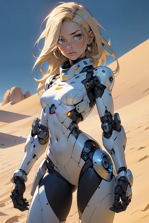 high quality, 4k, masterpiece, beautiful, cyborg girl, cowboy shot, dull eyes, looking at viewer, long blonde hair, girl, small ...