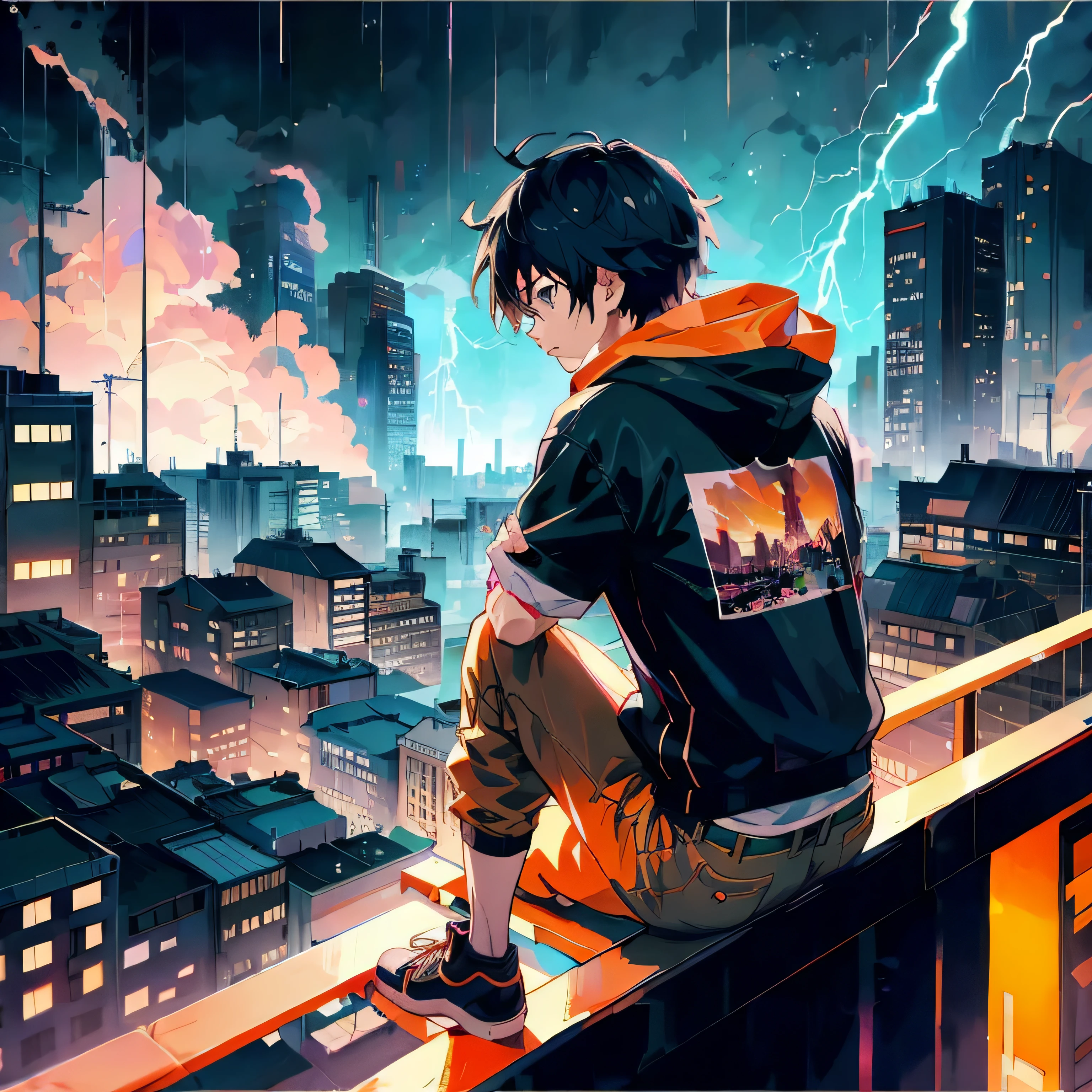 Anime boy sitting on ledge looking at city skyline - SeaArt AI