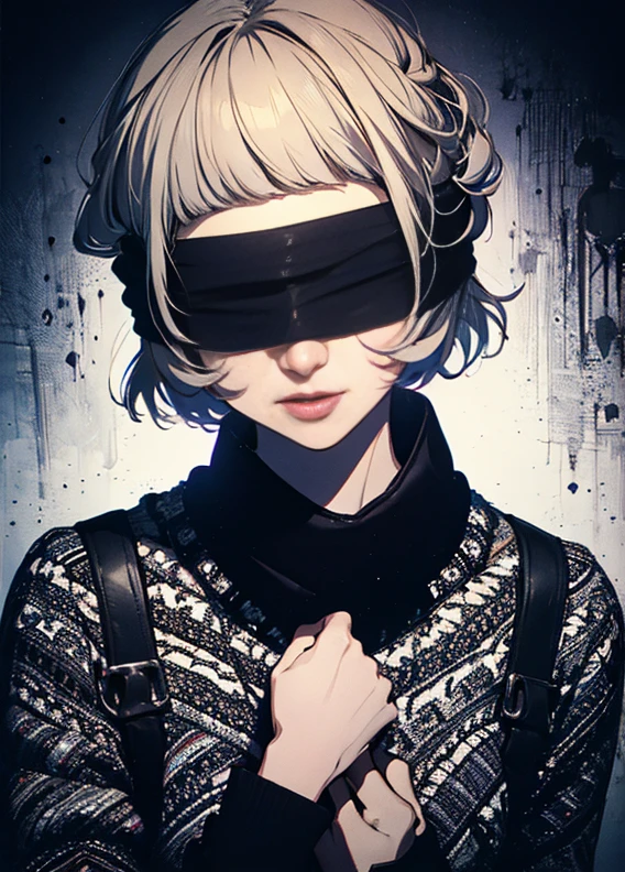 (masterpiece, top quality, best quality, official art, beautiful and aesthetic:1.2),
blindfold, solo, 1girl , short hair, long sleeves, bangs, smile, upper body, bandages, shirt,
extreme detailed,highest detailed, optical mixing, playful patterns, lively texture, unique visual effect