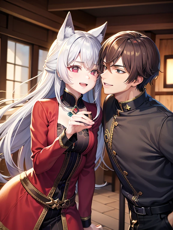 A foxy boy with red eyes and brown hair, showcasing intricate details (1.5x), and presented in the best quality of 6k resolution. He exudes an air of mischief with an evil smile, dressed in casual clothes. Accompanying him is a foxy girl with silver hair, who radiates femininity. Her cheeks have a subtle blush, and they appear to be leaning in for a near kiss. The overall image will be ultra-detailed, with a masterpiece-like quality (1.2x), capturing every nuance and expression of the characters.