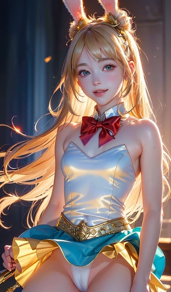 masterpiece, best quality, extremely detailed CG unity 8k wallpaper, (Upper Body head close-up shot of a beautiful little girl), , Elegant Long straight blonde hair, (Mckenna Grace), (flat chest,thighs), (red-blue) golden (Glittering Puffy skirt,long Bunny Ear Headgear, , Bow-tie, No panties, genitals visible), (spread legs), (Blush), oil skin, (seductive smile), (Wonderland), pretty face, key art, award winning, intricate detail realism hdr, by (ruan jia and artgerm and range murata), Photorealism, Hyperrealism, ultra realistic, dramatic light, intense shadows, gorgeous view, depth of field
 
