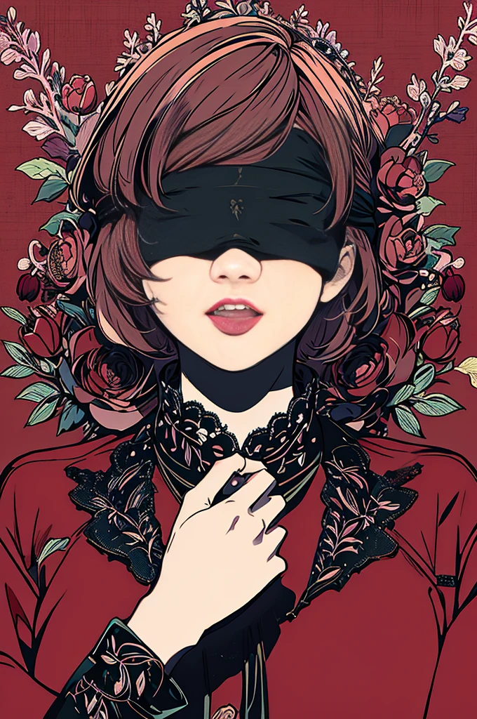 anime - style illustration of a woman with Blindfolded and flowers, 2b, 2 b, Blindfolded, Blindfoldeded, fantasy Blindfolded, Inspired by Takato Yamamoto, Digital Art on PIXIV, Restricted. Thrives, Takato Yamamoto aesthetic, by Yoshihiko Wada, Sachin Teng, black Blindfolded, Satoshi Kon Art Style, Beautiful artistic illustration