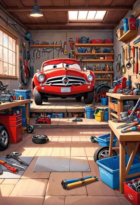 create an illustration of a workshop, sem pessoas ou carros, empty workshop in disney pixar style from the film disney cars illu...