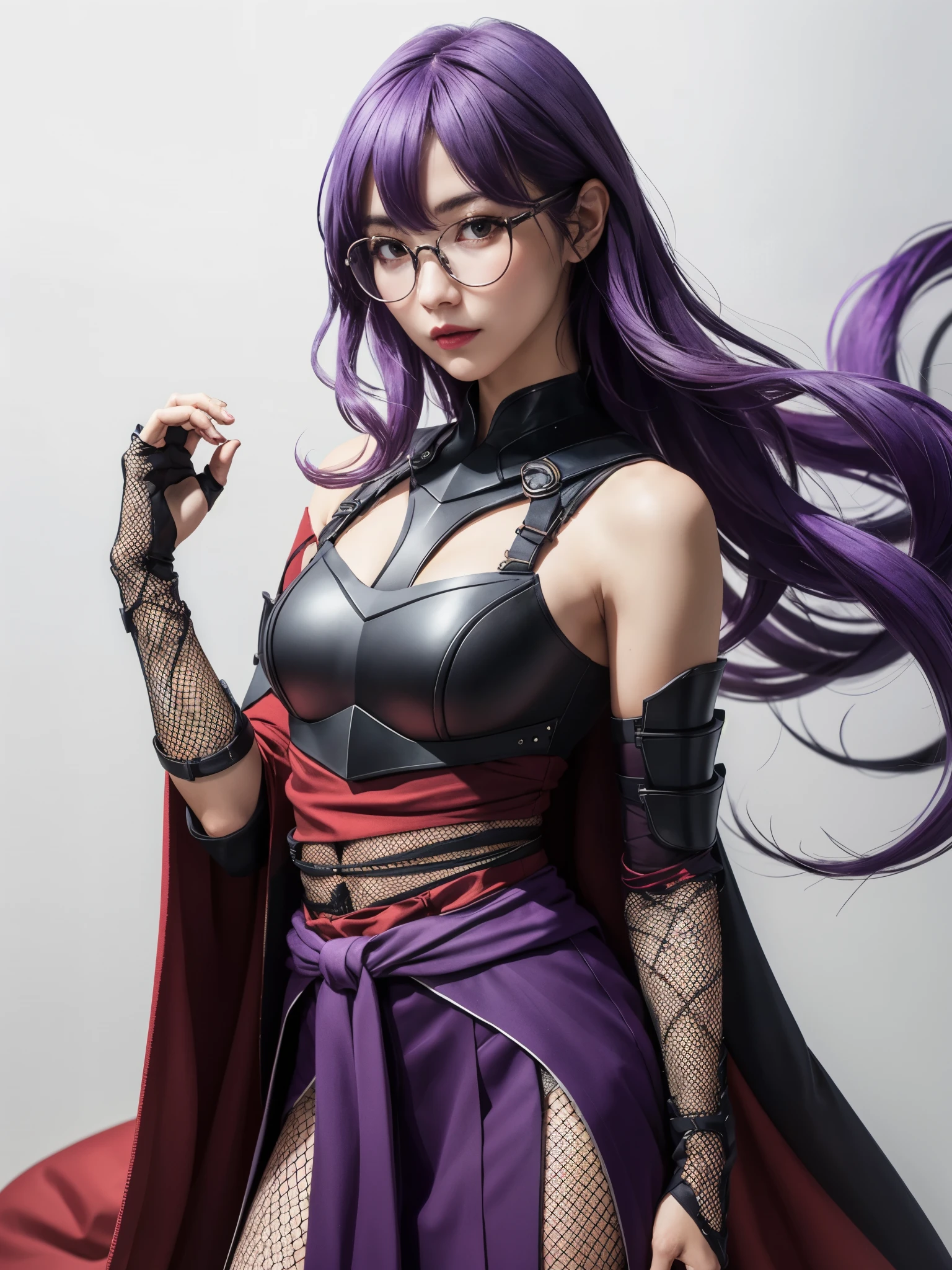 Una chica con traje de ninja blanco, BREAK, 1 chica, Cabello morado pastel muy largo, gafas con montura roja, chal largo, Mini hakama blanca sin mangas, (Coraza de armadura de medio pecho roja), manga del brazo púrpura, hermético, torso de rejilla, flequillo plano, 