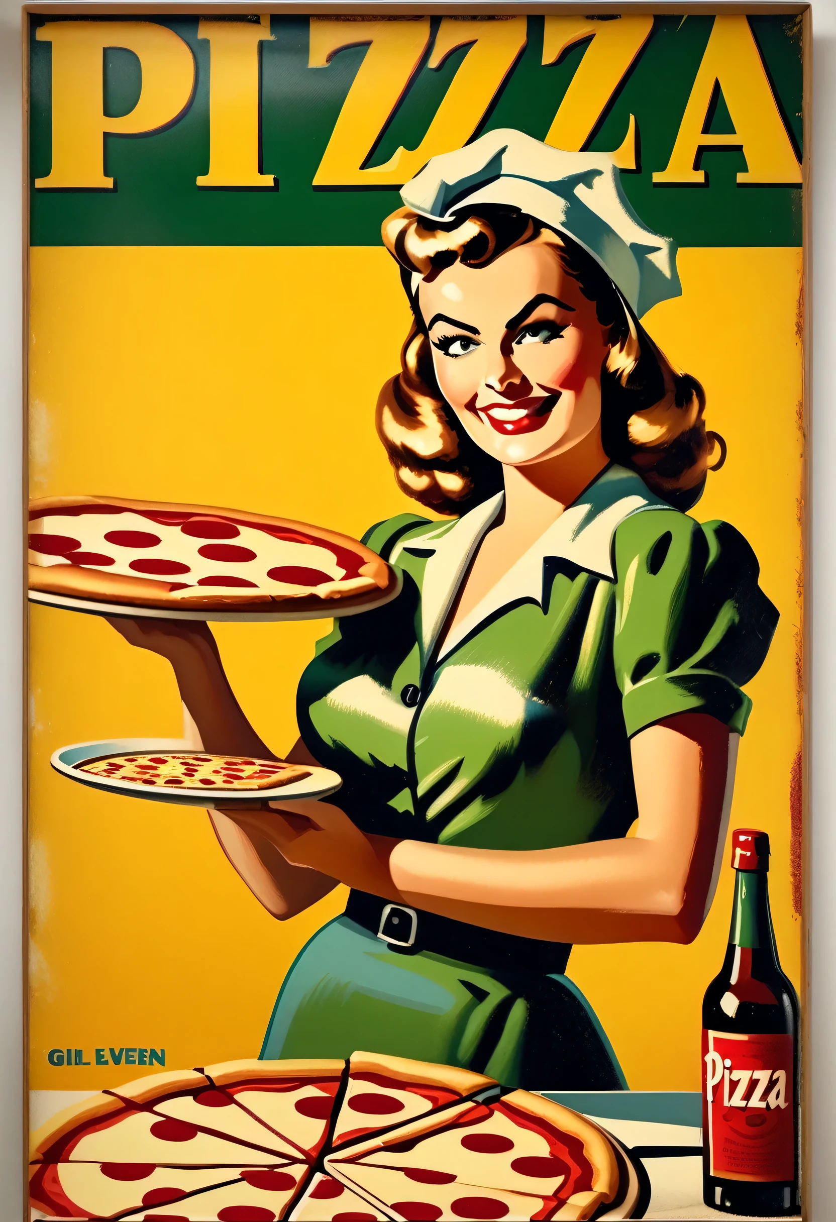 there is a woman holding a pizza on a tray with a knife and fork, pizza advert, presenting pizza, pizza, pizza!, pizza is everywhere, presenting a large pizza, eating pizza, butcher billy style, pin-up poster girl, pizza pie, holding a large pizza!!!, eating a pizza, gil elvgren style, holding pizza, italian pizza