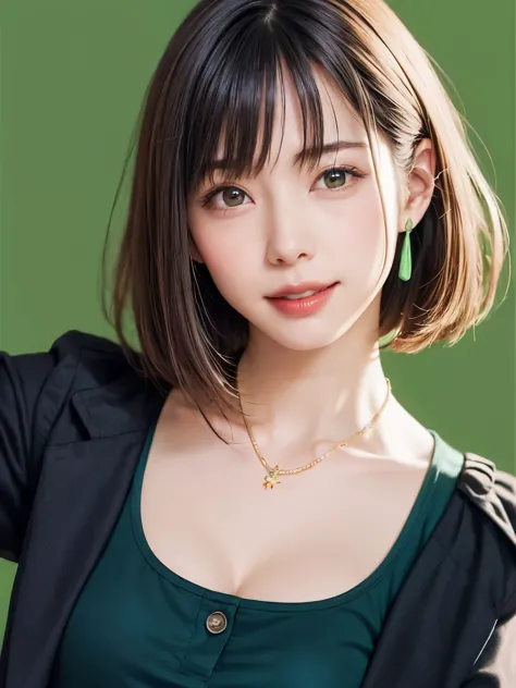 (software:1.8、masterpiece, highest quality),1 girl, alone, have, realistic, realistic, looking at the viewer, light brown eyes, Brunette short bob hair with highly detailed shiny hair, short hair:1.8、Beautiful face in symmetry、spring clothes:1.6, Whity, li...
