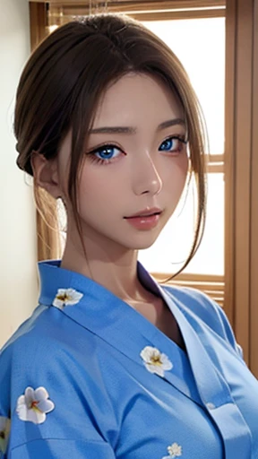 ((table top, top quality, Super fine, High resolution)), alone, beautiful girl, shining eyes, perfect eyes, 16 years old, blue theme, yukata, firework,