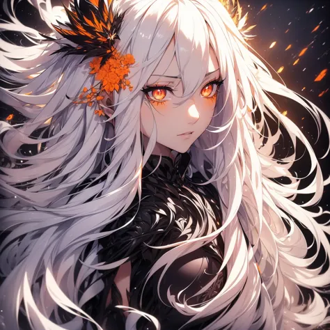 (high quality，Art work，teenager，long white hair，fair skin，Attractive black outfit，Sparkling orange eyes，Subtle Black Eyelashes，W...