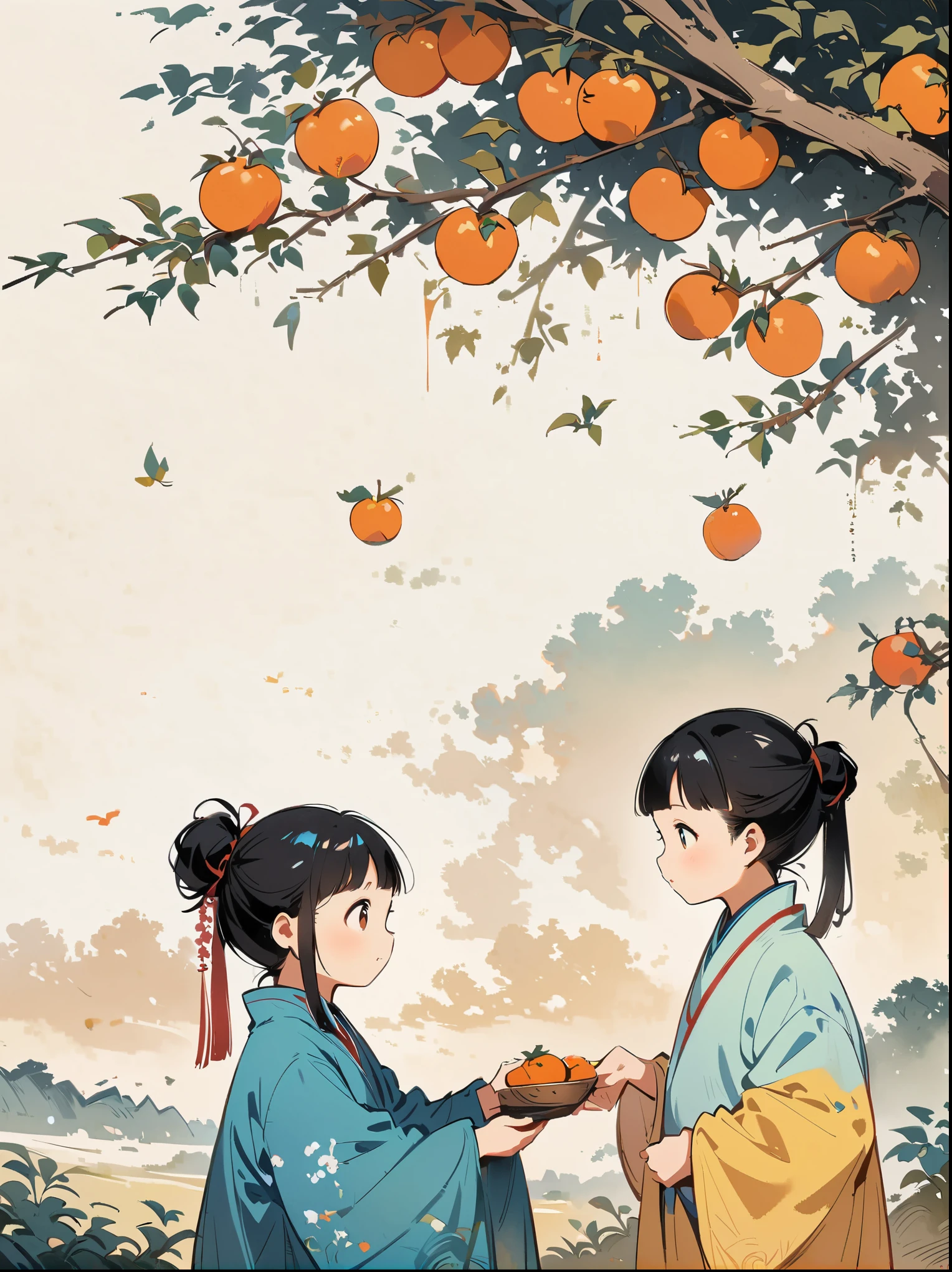 (A group of children picking persimmons under a persimmon tree), Jiangnan countryside, Chinese children's book illustration, (in the style of Feng Zikai), minimalism, line art, (ink and yellow colors), white background