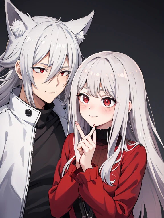 red eyes,details:1.5,(best quality,8k,highres,masterpiece:1.2),ultra-detailed, Foxy boy:1.1, with grey hair,evils smile,casual clothes,Foxy girl:1.1, with silver hair,feminine,blushing cheeks,near kiss