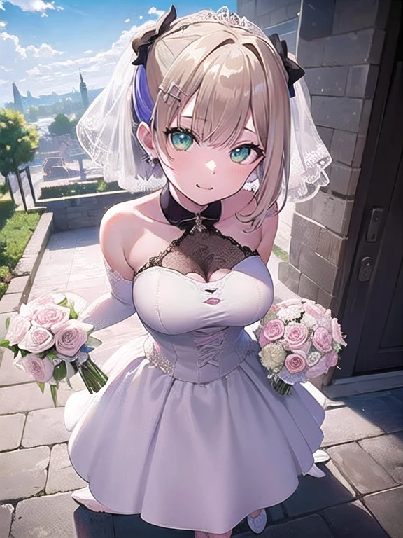 (masterpiece:1.3),((High resolution)),((high quality)),((Super detailed))、1 girl、perfect balance、perfect face、detailed face、cute face、beautiful詳細な目、Expressive eyes、cute eyes、shiny eyes、perfect body、beautiful体、(((Wedding dress)))、off shoulder、marriage、church、marriage式、bride、smile、Walnut noa、short hair、colorful hair、hair ribbon、hair ornament,(big breasts)、(head shot)、embarrassing、blush、beautiful女の子、cute face、beautiful顔、cute face、beautiful、best quality、good anatomy、ornaments　,short hair、colorful hair、hair ribbon、hair ornament、thigh strap、smile、closed mouth、blush、Are standing、From above、((full body)),((Super detailedな背景)), mistress pose, ((8k wallpaper)) , smile, blush, outdoor, Day, blue sky, empty, looking at the viewer, moody lighting, face-to-face audience