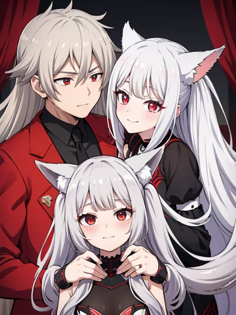 red eyes,details:1.5,(best quality,8k,highres,masterpiece:1.2),ultra-detailed, Foxy boy:1.1, with grey hair,evils smile,casual c...